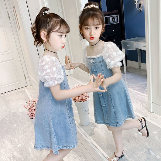 Vestido Denim Niña con Encaje y Mangas Abullonadas - Estilo A-Line Patchwork Verano - Image 10