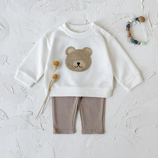 White long-sleeve baby hoodie with a brown bear print and matching ribbed beige sweatpants set. - Image 2