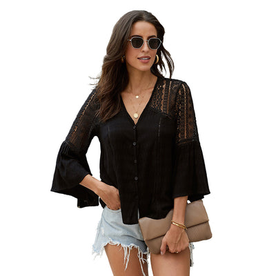 Blusa Mujer Capucha Cuello V Hueco Manga Acampanada Encaje - Image 4