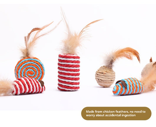 7-piece cat toy gift set with mouse, feather wands, and string-wrapped toys in a brown cardboard box. - Image 11