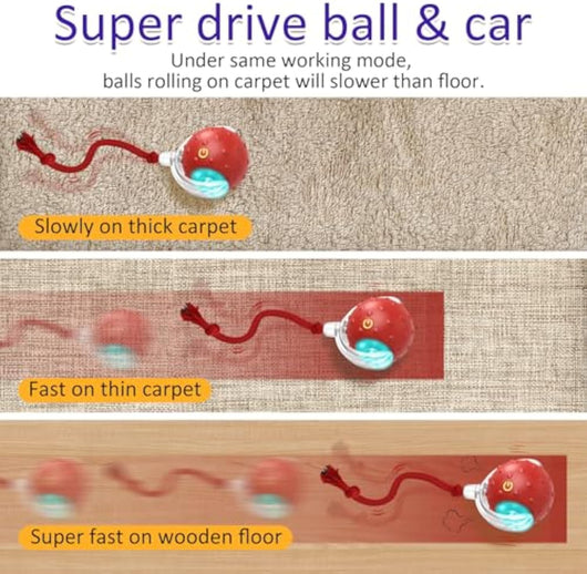 Red interactive cat toy ball with a clear outer shell, glowing blue light, and a red rope, shown with a kitten. - Image 6