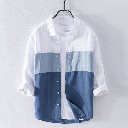 Camisa de Lino Hombre Manga 3/4 Combinada de Colores