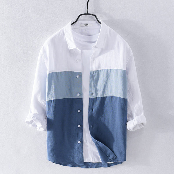 Camisa de Lino Hombre Manga 3/4 Combinada de Colores