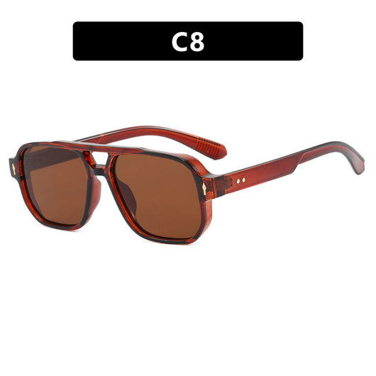 Black full-frame retro casual sunglasses with dark gray lenses and a double bridge, featuring gold accents. - Image 15