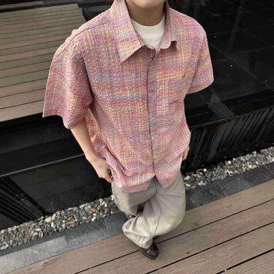 Camisa Cuadriculada Seersucker Suelta para Hombre - Manga Corta Verano - Image 5