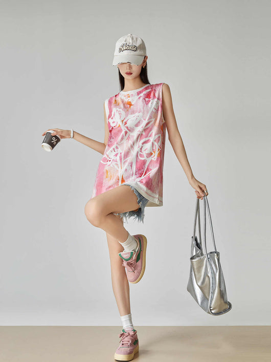 Blusa Suelta sin Mangas Estampado Acuarela Floral Rosa para Mujer - Image 6