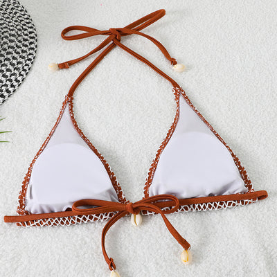 Blue and white mesh triangle bikini set with tie-side bottom and shell accents, displayed on a white beach towel. - Image 29
