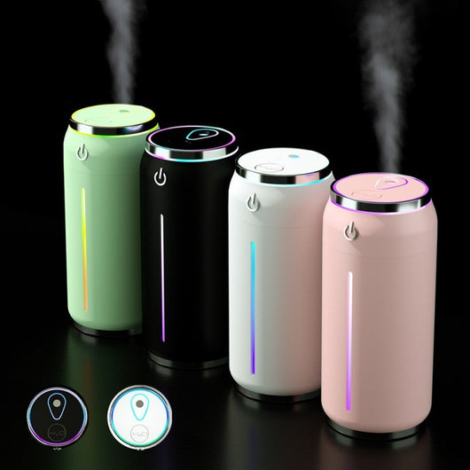 Black mini USB car humidifier shaped like a soda can, with a silver top and power button, and a white water level indicator. - Image 9