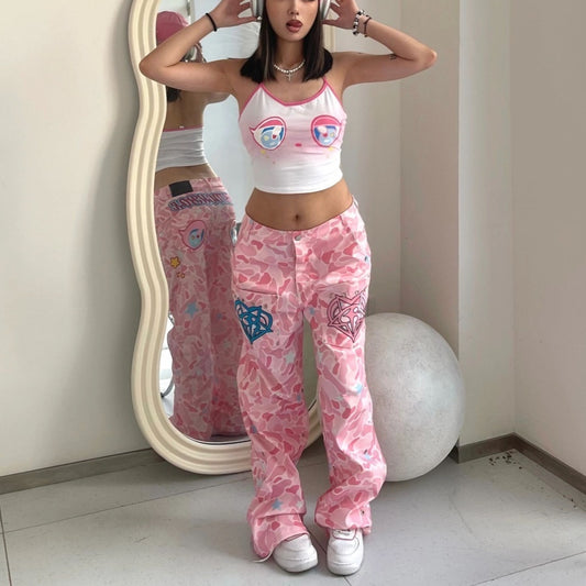 Pantalones Vaqueros Anchos Estampado Camuflaje Retro para Mujer