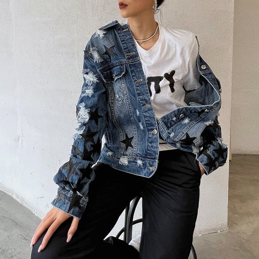 Chaqueta Denim Desgarrada con Solapa Estrella para Mujer - Image 4