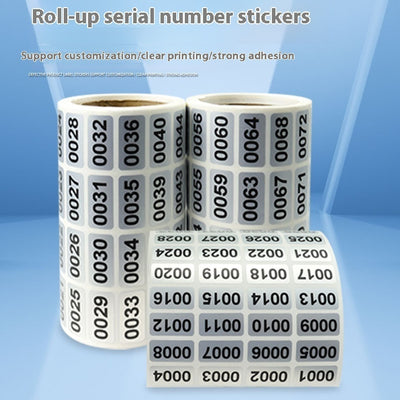 Roll of matte silver adhesive labels with sequential black serial numbers from 00001 to 00024 visible.