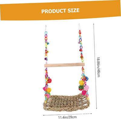 Colorful parrot toy with a woven grass hammock, hanging ropes, wooden blocks, and woven balls, with two parrots. - Image 8