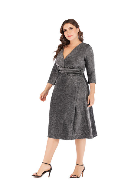 Vestido de Fiesta Midi en Seda Brillante con Escote V y Cintura Alta - Tallas Grandes - Image 9