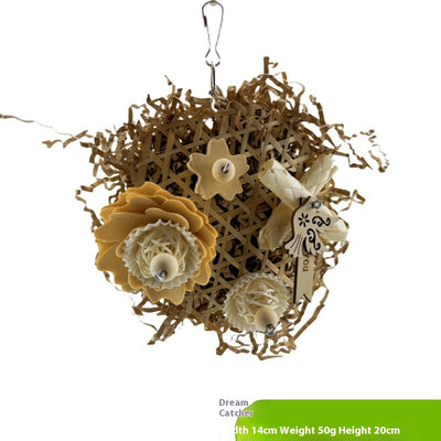 Natural ricepaperplant pith ball gnawing toy for parrots, featuring a braided top, wooden star, and 'short hair girl' design. - Image 8