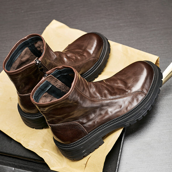 Botas Worker de Cuero Genuino con Plataforma para Hombre - Otoño e Invierno