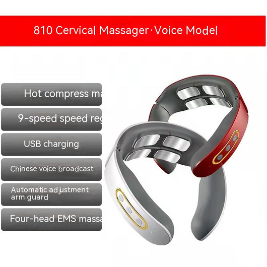 White and gray U-shaped neck massager with six silver electrode pads and control buttons on one arm. - Image 10