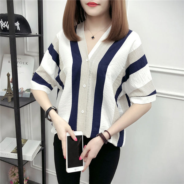 Blusa Mujer Escote V Rayas Manga Corta