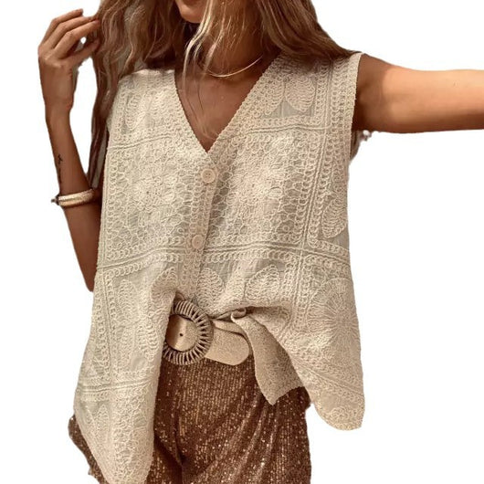 Chaleco Cardigan con Encaje Bordado y Hebilla - Top Versátil para Vacaciones - Image 5