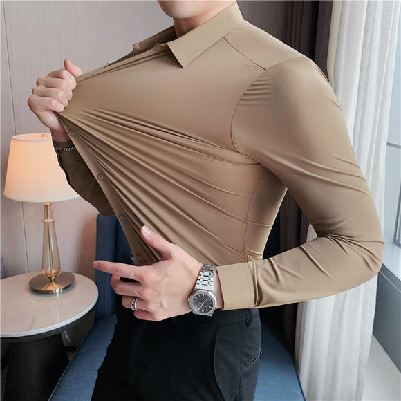 Camisa Slim Fit Coreana de Manga Larga con Elastano para Hombre