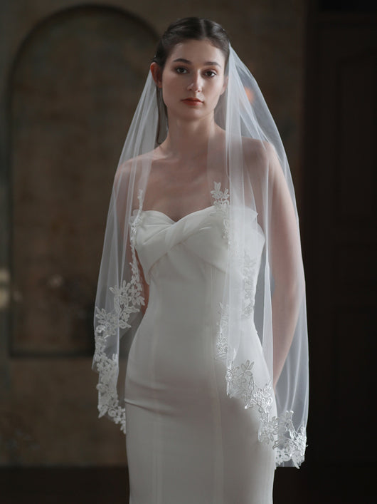 Velo de Novia Elegante Encaje Blanco Monocapa Europeo - Image 11