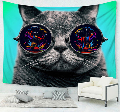 Cute gray cat tapestry wearing round sunglasses with a colorful explosion reflected in the lenses, on a teal background. - Image 3