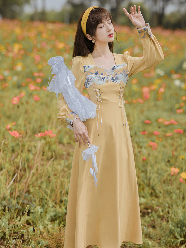 Vestido Elegante Jacquard con Encaje Vintage y Cintura Alta Ajustada