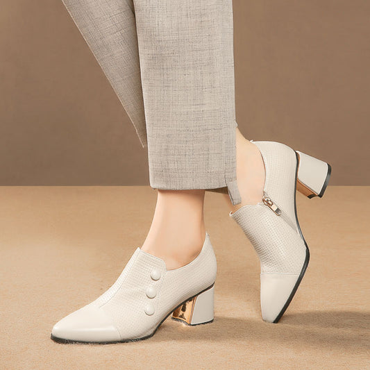 Zapatos de Tacón Grueso Punta Fina Talla Grande Mujer - Blanco Crema - Image 2
