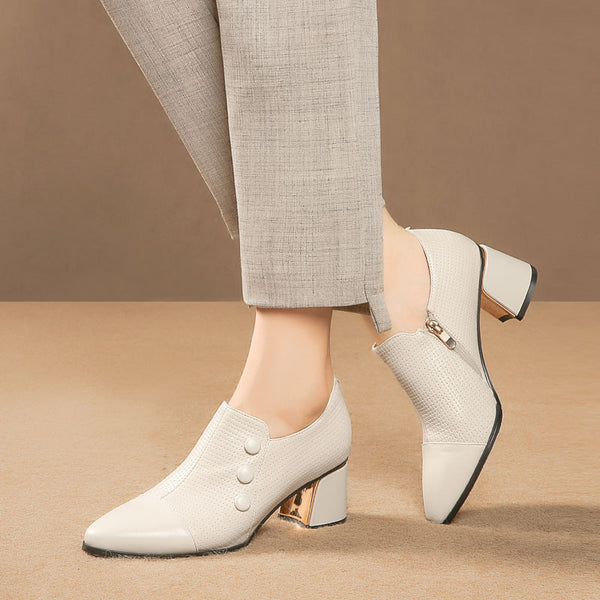 Zapatos de Tacón Grueso Punta Fina Talla Grande Mujer - Blanco Crema