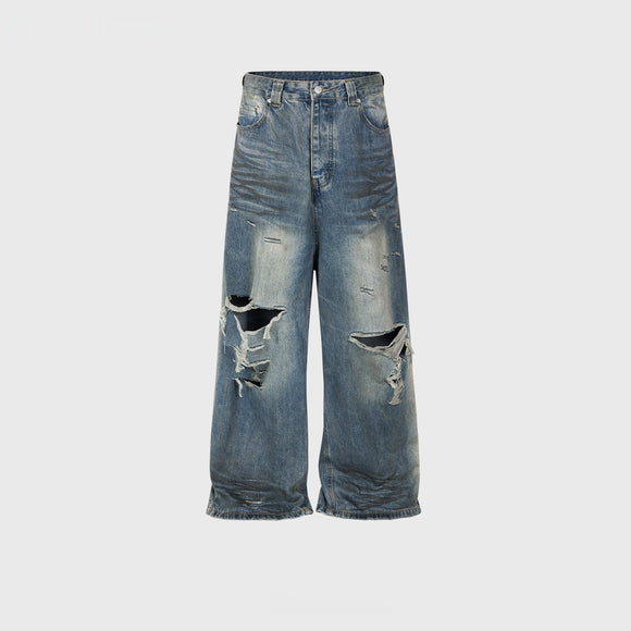 Jeans Retro Rotos Hombre con Textura Desgastada y Pliegues Vintage