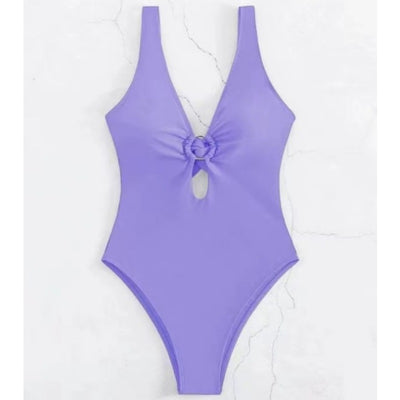Women's lavender one-piece swimsuit with a deep V-neck, silver O-ring detail, and a keyhole cutout at the bust. - Image 10