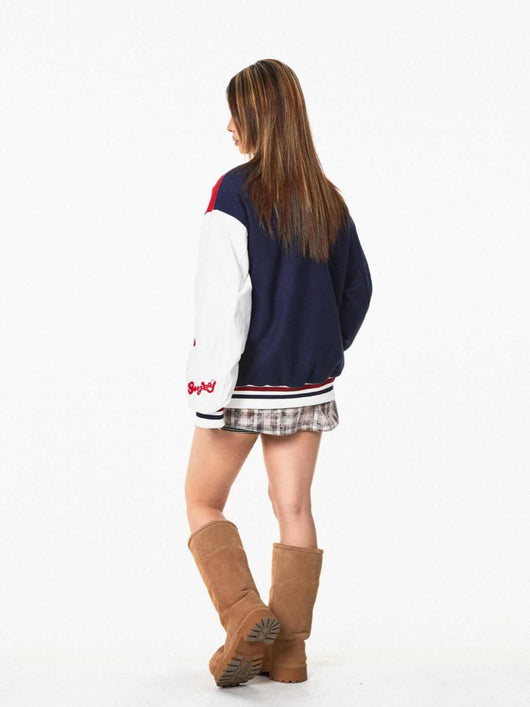 Chaqueta de Béisbol Retro con Parches de Contraste - Estilo Vintage Americano - Image 8