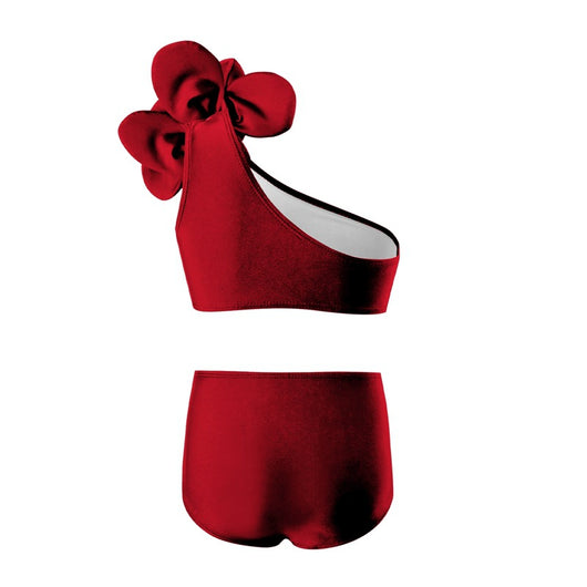 Red children's split swimsuit with a one-shoulder top featuring a large decorative flower and high-waisted bottoms. - Image 8