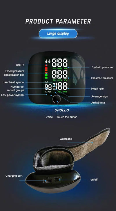 Black wrist sphygmomanometer with a digital display showing blood pressure and pulse readings, and a gray wrist cuff. - Image 11