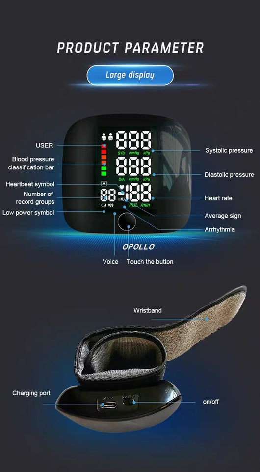 Black wrist sphygmomanometer with a digital display showing blood pressure and pulse readings, and a gray wrist cuff. - Image 11