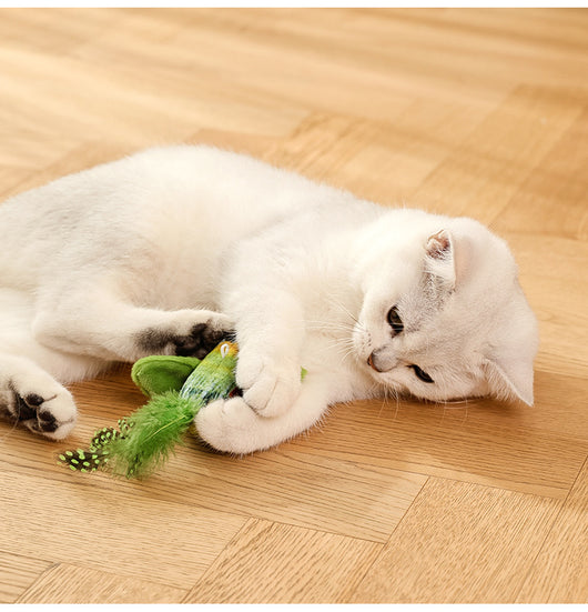 Colorful bird cat toy with green fluffy wings, black head, yellow face, orange beak, and spotted tail feathers. - Image 13