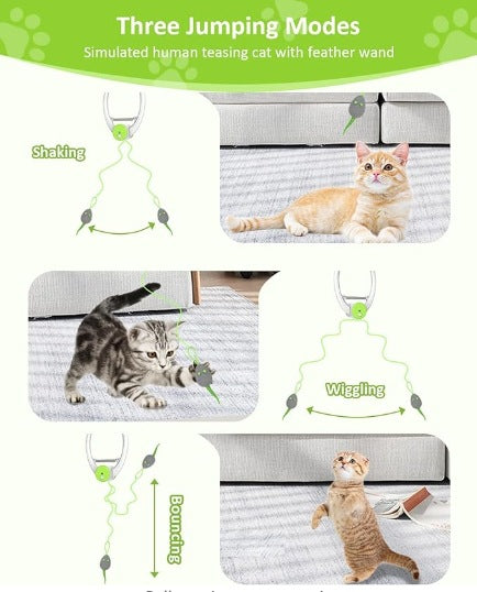Automatic interactive cat toy with a white and blue door hanger, retractable string, and grey mouse lure. - Image 16