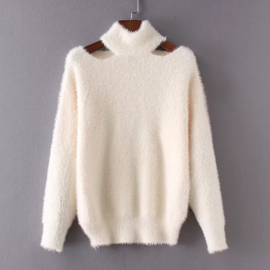 Suéter Pullover de Cuello Alto Elegante con Escote Descubierto en Polar de Visón - Image 3