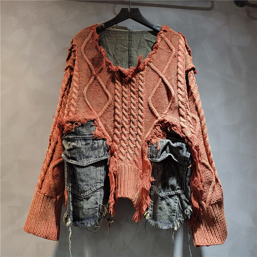 Suéter de Cuello Redondo Denim con Tejido Trenzado y Costuras de Diseño - Image 2