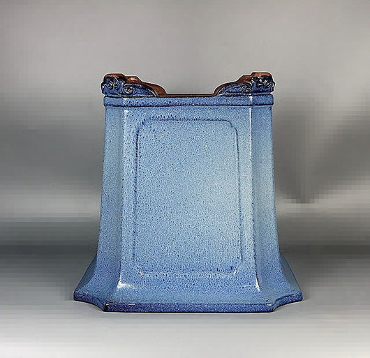 Maceta Bonsái Artesanal Azul Claro Esmaltada Forma Tubo Antiguo - Image 10