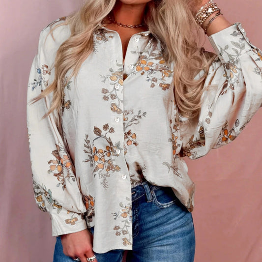Camisa Retro Estampada de Manga Larga para Mujer