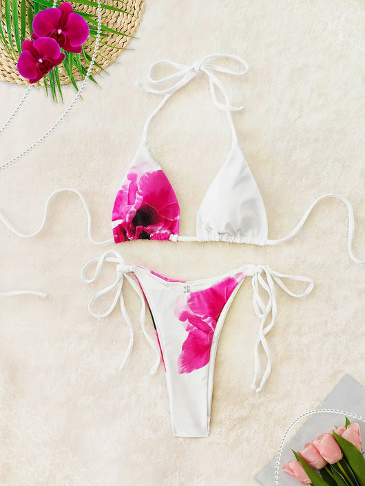 White and pink floral print three-piece bikini swimsuit with a halter top, tie-side bottom, and long maxi skirt. - Image 10