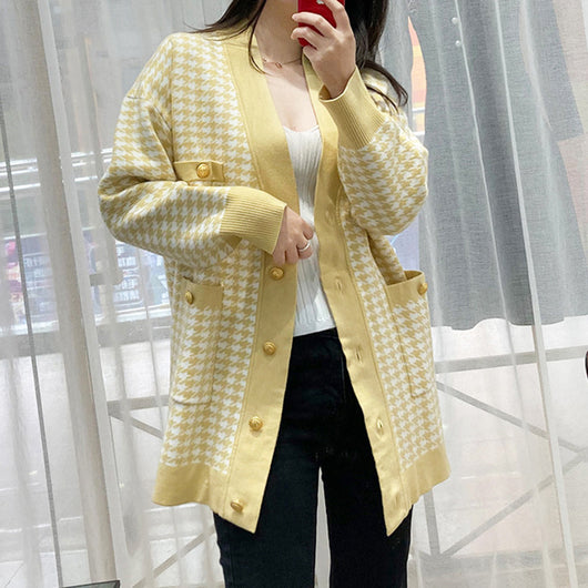Cardigan de Punto con Patrón Pata de Gallo y Escote en V para Mujer - Image 6