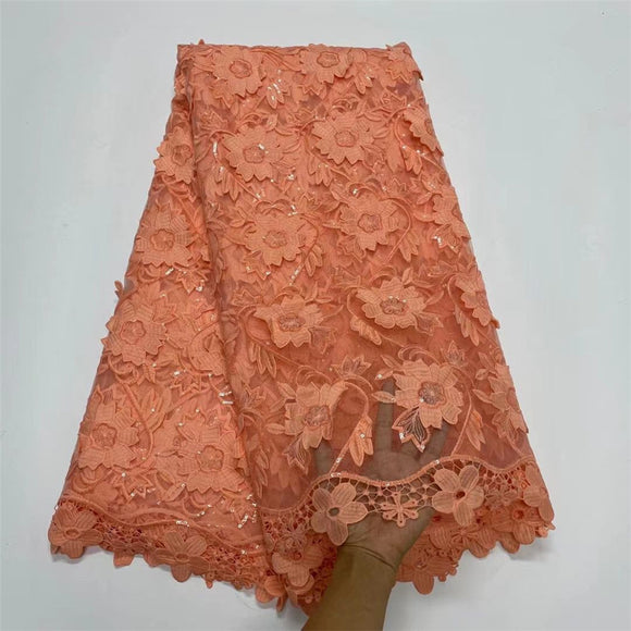 Tela de Encaje Soluble en Agua con Lentejuelas y Flores Bordadas