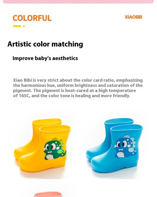 Bright yellow children's rain boots with a green cartoon dinosaur appliqué, designed for waterproof outdoor play. - Image 14