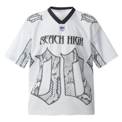 White mesh jersey t-shirt with a V-neck and short drop-shoulder sleeves, featuring a black and white snake scale design. - Image 5