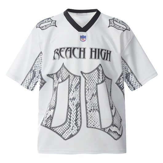 White mesh jersey t-shirt with a V-neck and short drop-shoulder sleeves, featuring a black and white snake scale design. - Image 5