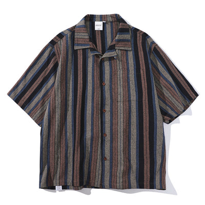 Camisa Retro Amekaji a Rayas de Estilo Étnico Manga Corta - Image 6