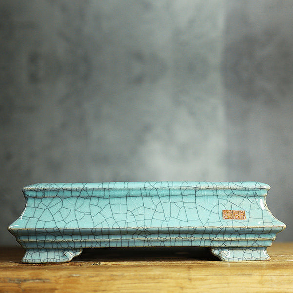 Cuenco Decorativo Shiwan Blanco con Grietas de Hielo - Diseño Geométrico de Cuatro Lados