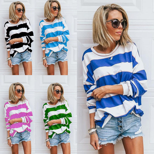 Blusa Holgada de Rayas Estampadas Manga Larga Cuello Redondo