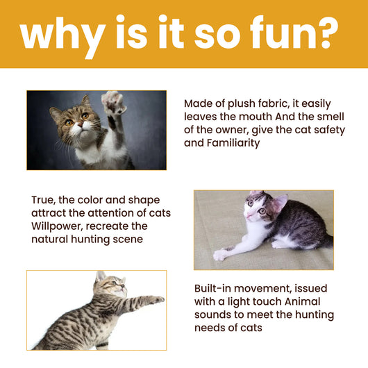 Brown interactive mouse toy for cats with a sound chip, shown in packaging with a kitten graphic and as a standalone toy. - Image 4